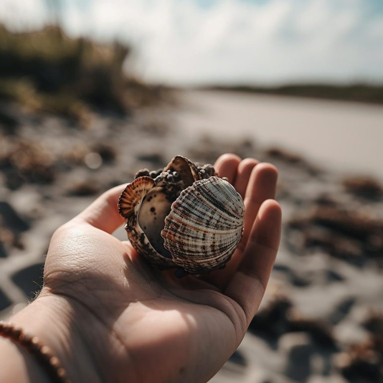 A hand holding a scallop shell on a sandy beach with water in the background. A hand holding a scallop shell on a sandy beach with water in the background.